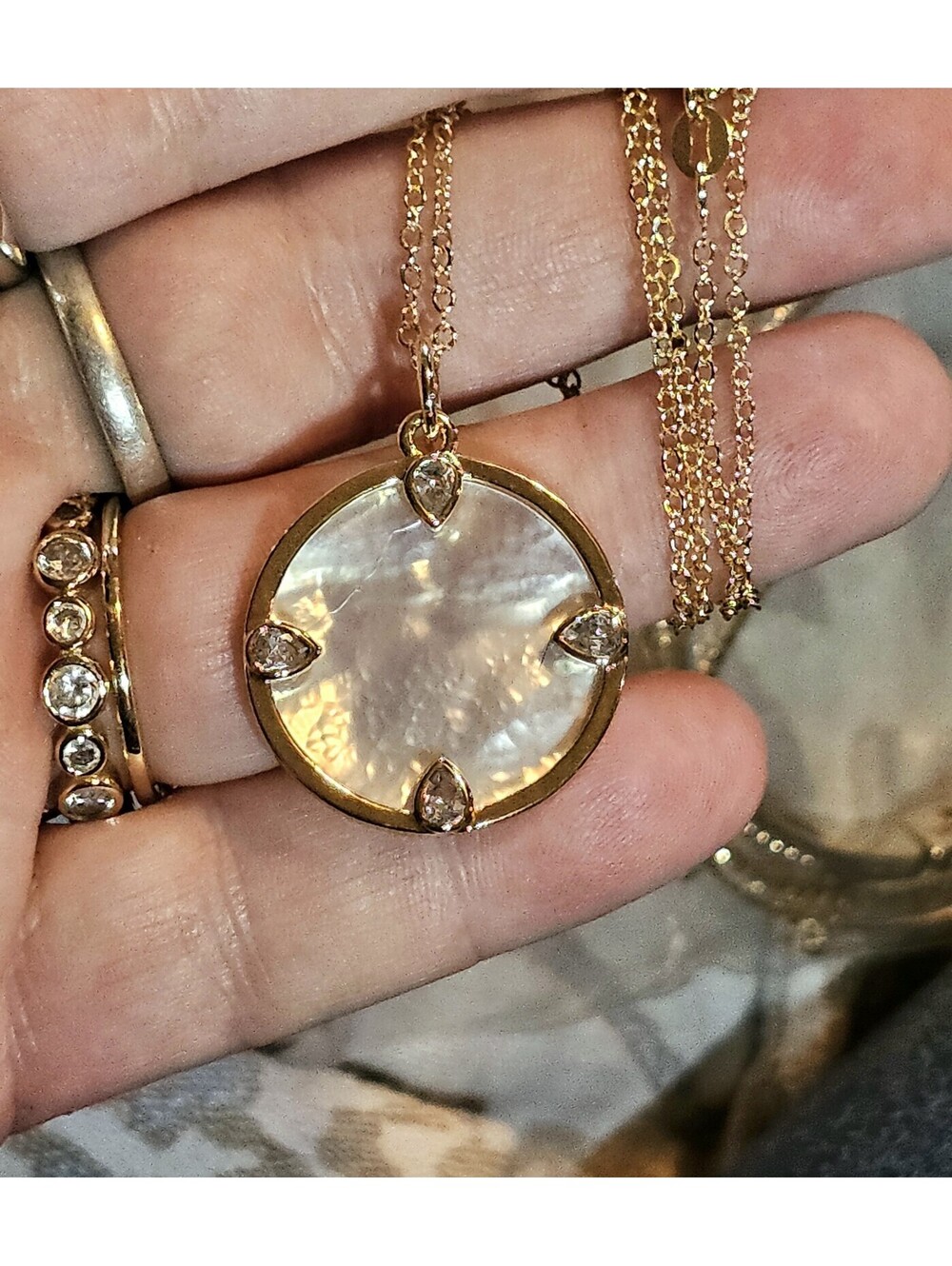 14k Gold-plated Mother of Pearl Pendant Adjustable 17" Necklace MOP CZ NWOT - Picture 5 of 5